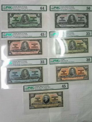 1937 Canadian Currency 1,  2,  5,  10,  20,  50 And 100 Notes.  All " Pmg " Graded