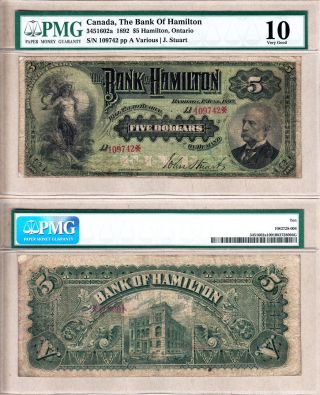 The Bank Of Hamilton 1892 $5 Issued Chartered Bank Note.  Pmg Vg10