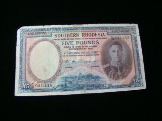 Southern Rhodesia 1951 5 Pounds Banknote Vg Pick 11f