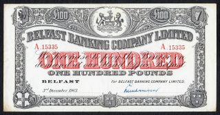 Northern Ireland - Belfast Banking Co.  Ltd.  100 Pounds 3.  12.  1963 Pick - 131c Vf