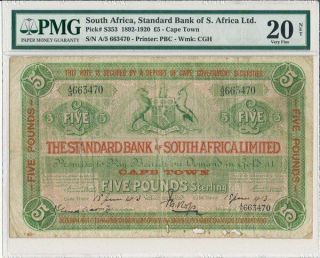 Standard Bank Of S.  Africa Ltd.  South Africa 5 Pounds 1913 Rare Pmg 20net
