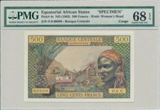 Congo Equatorial African States 500 Francs Nd (1963) Specimen.  Rare Pmg 68epq