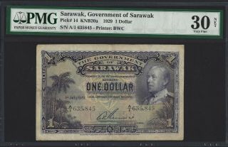 1929 Sarawak 1 Dollar P - 14 Knb20a,  Pmg 30 Net,  Vf,  Scarce A/1 Prefix Grey Type