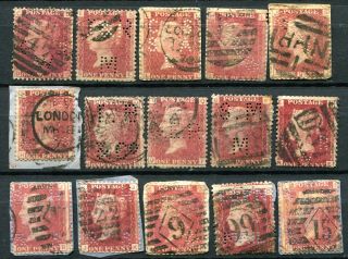 (559) 15 Very Good Sg43 Qv 1d Rose Red Mixed Plate Numbers & Perfins