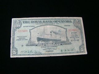 Canada Royal Bank Of 1938 $5.  00 Banknote Vg,  Pick S161 " Trinidad & Tobago "