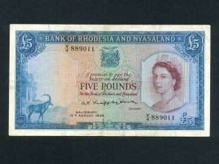 Rhodesia & Nyasaland:p - 22a,  5 Pounds,  1958 Queen Elizabeth Ii Vf