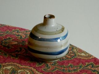 Unsigned Studio Pottery Ball Shaped Weed Pot Vase Striped Grey & Blue,  Speckles
