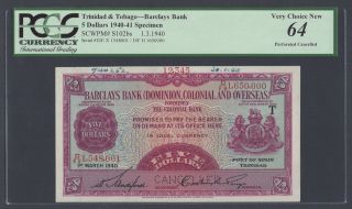 Barclays Bank - Trinidad & Tobago 5 Dollars 1 - 3 - 1940 Ps102bs Specimen Unc