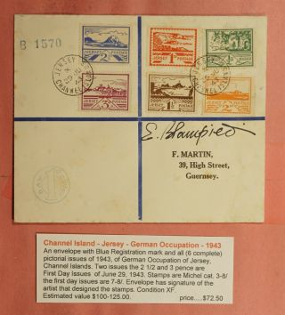 1943 Jersey Wwii Germany Occupation Fdc Pictorial Registered To Guernsey