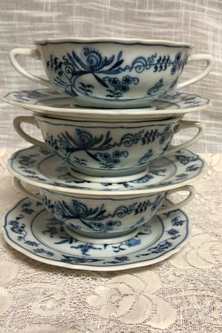 Blue Danube Blue Onion 3 Cream Soup Bowls Cups And Under Plate