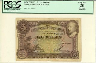 Sarawak $5 Dollars Currency Banknote 1929 Pcgs 20 Vf