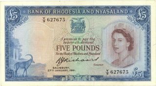 Rhodesia & Nyasaland 5 Pounds Banknote Currency 1961 Xf