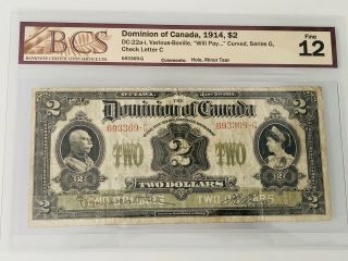 Dominion Of Canada 1914 $2 Bank Note " Will Pay " Curved Fine 12 Bcs 693369 - G