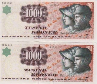 Denmark 1000 Kroner 1998.  2 Different Signatures
