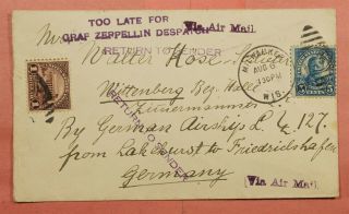 192? Milwaukee Wi Too Late For Graf Zeppelin Hand Stamp Airmail To Germany Rts
