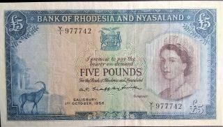 Rhodesia & Nyasaland £5 Pounds P 22 1956 Gvf Queen Elizabeth Qeii Zambia Malawi