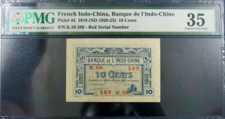 French Indochina 1919 10 Cents,  Sign 6,  Pick 44.  Red Serial Number Pmg 35