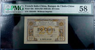 French Indochina 1919 20 Cents,  Pick 45b Pmg 58 About Uncirculated