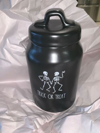 Rae Dunn Halloween Black Trick Or Treat Canister Dancing Skeletons Very Rare
