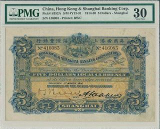 Hong Kong Bank China $5 1914 Shanghai,  Good Appearance,  Handsigned.  Pmg 30