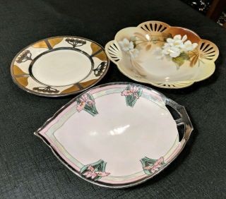 3 Art Nouveau Antique Vintage Plates.  W A Pickard.  Rs Germany.  Opalescent