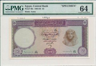 Central Bank Egypt 5 Pounds 1964 - 65 Specimen,  Rare Pmg 64