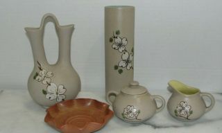 5 Pigeon Forge Pottery Dogwood Stoneware Wedding Vase,  Signed Bowl Creamer Sugar