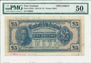 Bank Of Zealand Zealand 5 Pounds 1924 Specimen,  Very Rare Pmg 50