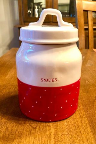 Rae Dunn " Snacks " Jar/canister,  Red Polka Dot Christmas Retired Edition