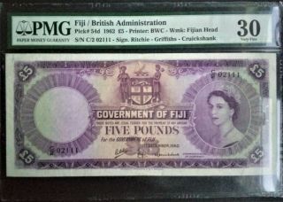 British Fiji 5 Pounds Pmg Vf 30 1962 P 54d Queen Elizabeth Qeii Oceania Scarce
