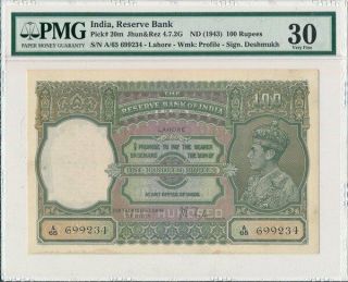 Reserve Bank India 100 Rupees Nd (1943) Pmg 30
