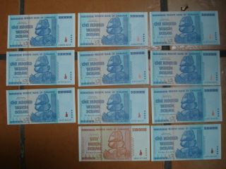 (10) 2008 Zimbabwe 100 Trillion Dollar Notes Aa Gem Uncirculated Quadrillion 50b