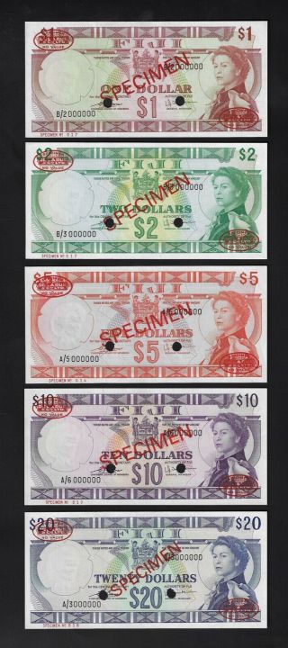 Fiji 5 Notes 1 - 2 - 5 - 10 - 20 Dollars Nd (1974) P71s - 72s - 73s - 74s - 75s Specimen Tdlr