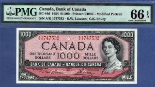 Canada Bc44d 1954 1000 Dollars Pmg 66 Gem Unc