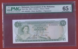 Bahamas:5 Dollars,  1965 Queen Elizabeth Ii Epq Gem Unc 65