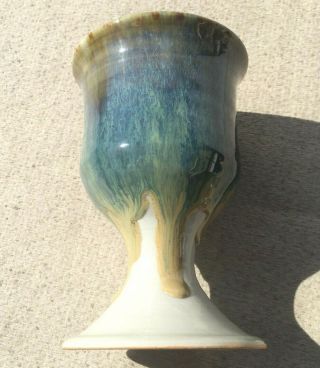 Handmade Ceramic Art Pottery Cup Goblet Chalice Blue Tan Marbleized Drip Glaze
