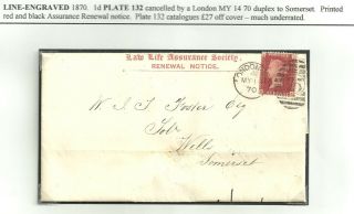 1d Rose Red Plate Number 132 1870 London Law Life Assurance Society