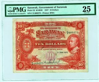 Sarawak 1937 $10 Government Of Sarawak Note Pick 22,  Scwpm - 22; Pmg Very Fine 25.