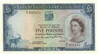 Rhodesia & Nyasaland 5 Pounds Banknote Currency 1956 Xf