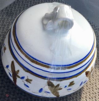 Art Pottery White Blue & Brown Glazed Lidded Bowl With Handles