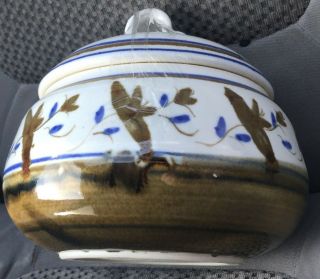 Art POTTERY White BLUE & Brown Glazed Lidded BOWL with Handles 2