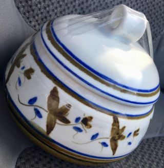 Art POTTERY White BLUE & Brown Glazed Lidded BOWL with Handles 3