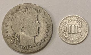 1852 3¢ Three Cent Piece & 1912 S 25¢ Barber Quarter,  Silver 2 Coins