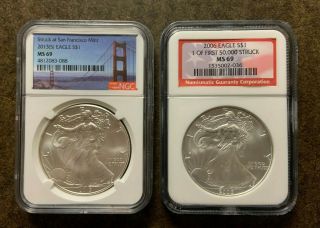 2006 & 2013 (s) Ngc Ms69 American Silver Eagle Coins -