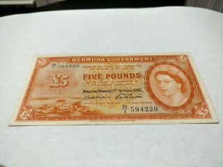1966 British Bermuda Five (5) Pounds Paper Note Uncirculated With Security Strip