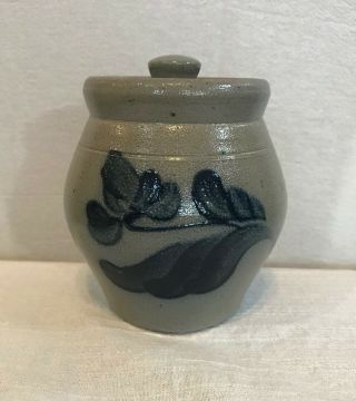Sweet 1991 Rockdale Union Stoneware Salt - Glazed Lidded Jar W/ Trad.  Flower
