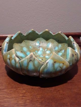 Vintage Mid Century Modern Green Aqua Lotus Bowl Drip Lava Art Pottery Signed