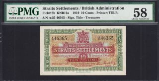 Straits Settlements 10 Cents 1919 Pick - 8b Abt Unc Pmg 58 Rare