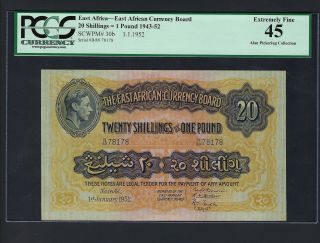 East Africa 20 Shillings = 1 Pound 1 - 1 - 1952 P30b Extremely Fine