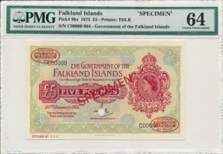 Government Of The Falkland Islands 5 Pounds 1975 Specimen,  Plate No.  004 Pmg 64